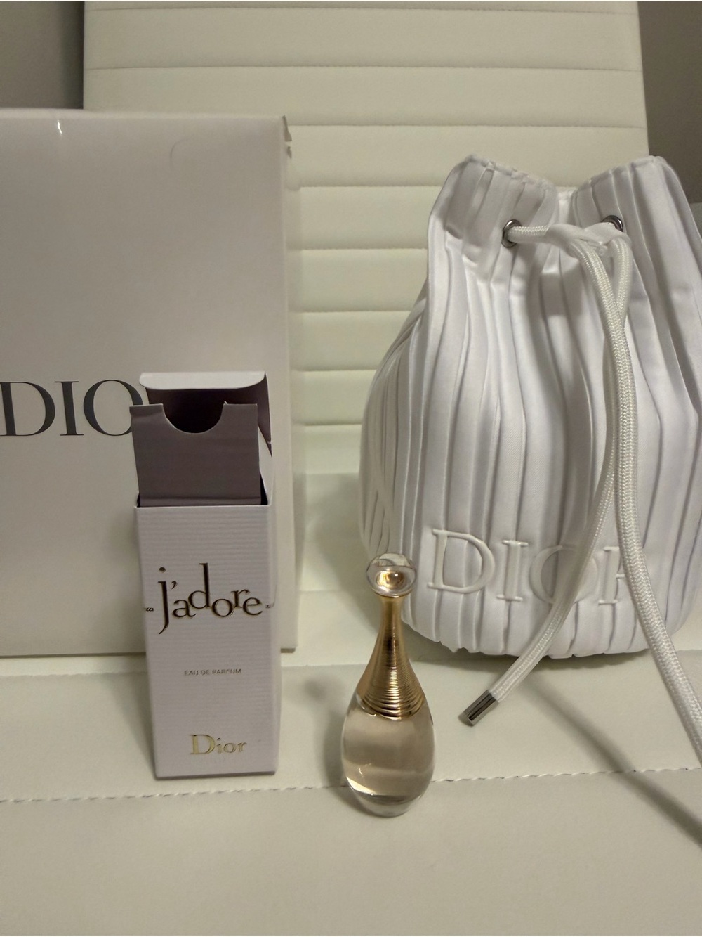 Dior J'adore Miniature  White with Pleated Drawstring Pouch